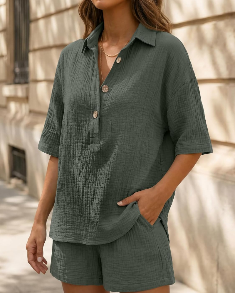 Sada Sydney Donna z bavlny – 2dílný komplet s oversized košilí a šortkami s kapsami