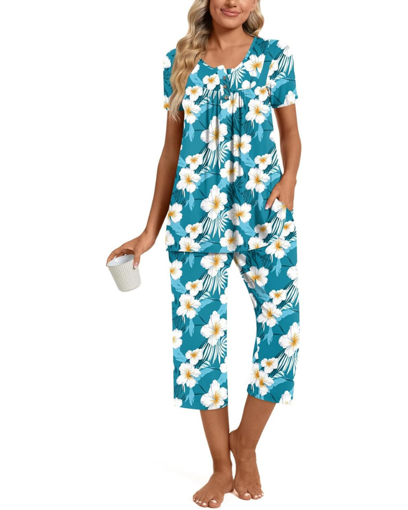Morgan Pigiama Donna 2 Pezzi – Top Henley e Pantaloni Capri con Tasche, Taglie Comode