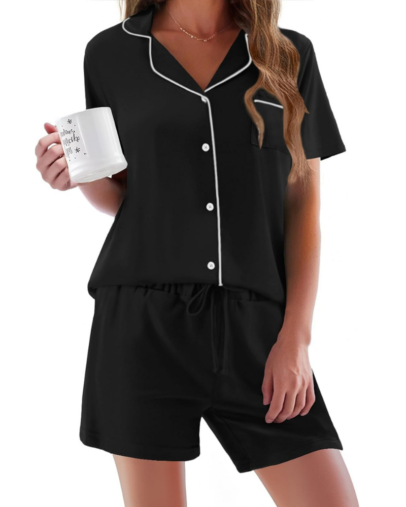 Madison Pyjama Femme – Ensemble 2 pièces avec manches courtes, boutonnage et short doux