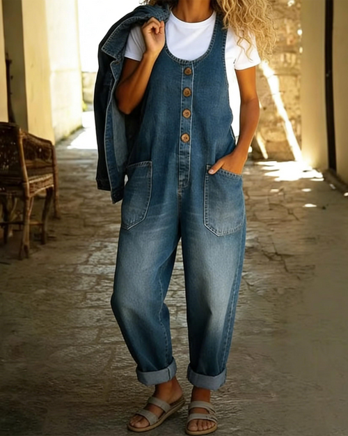 Bexley Salopette Donna in Denim – Vestibilità Baggy, Gamba Larga e Tasche