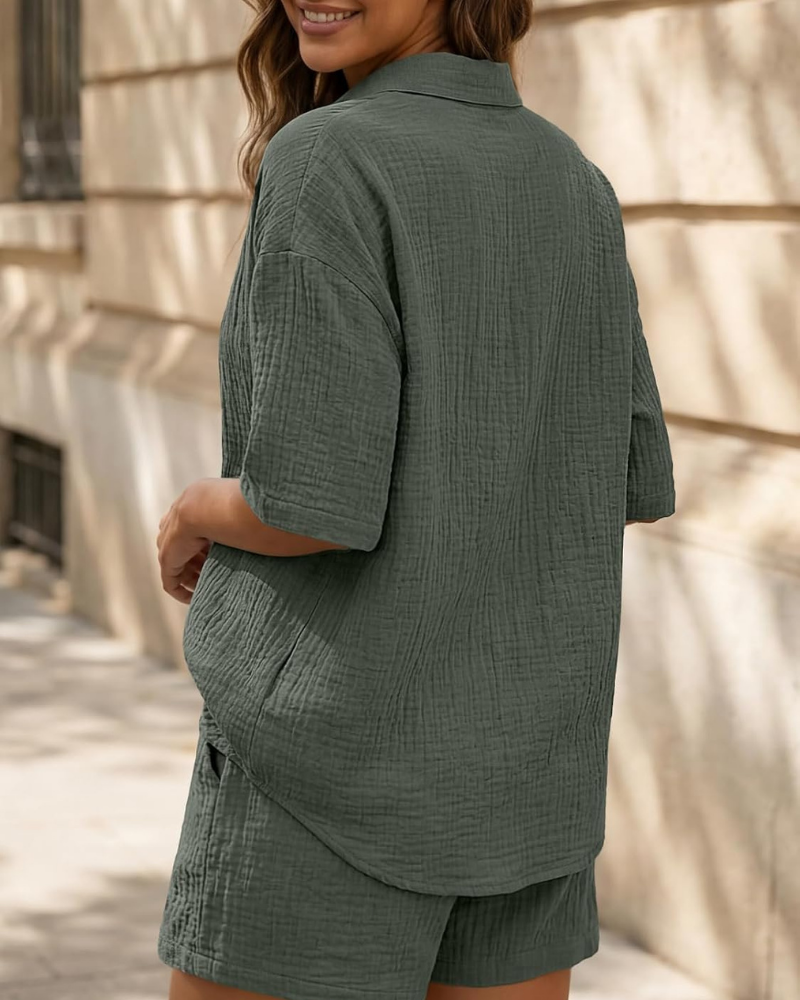 Sada Sydney Donna z bavlny – 2dílný komplet s oversized košilí a šortkami s kapsami
