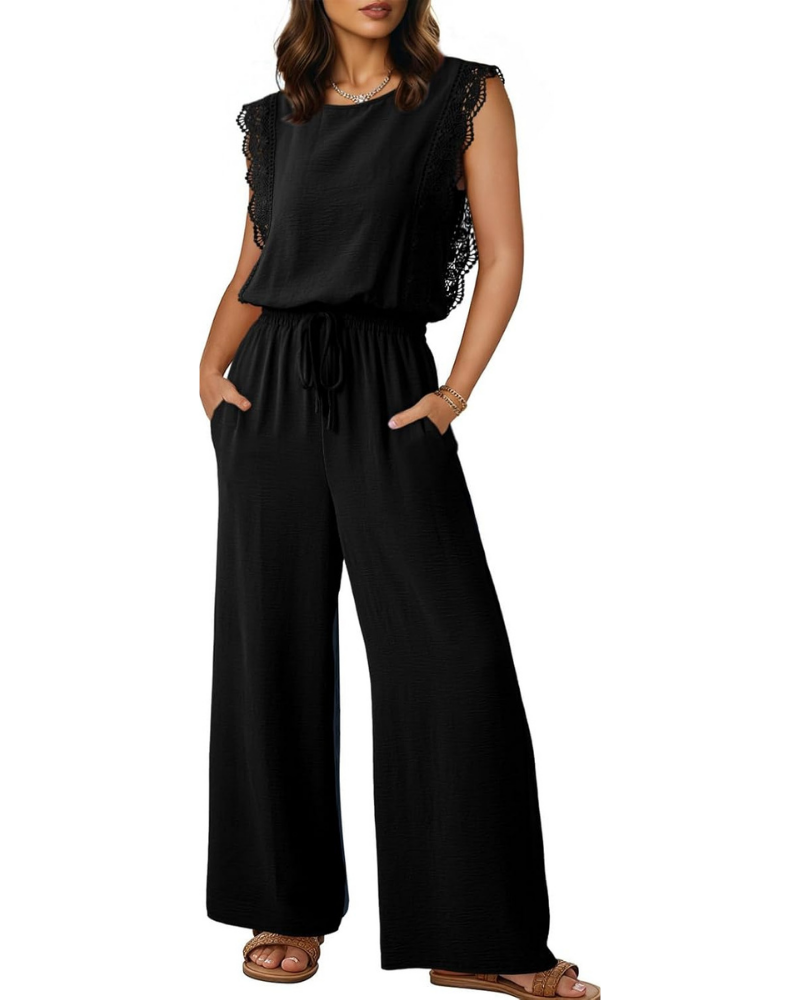 Combinaison Femme Élégante Maren – Dentelle, Taille à Cordon et Jambe Large avec Poches
