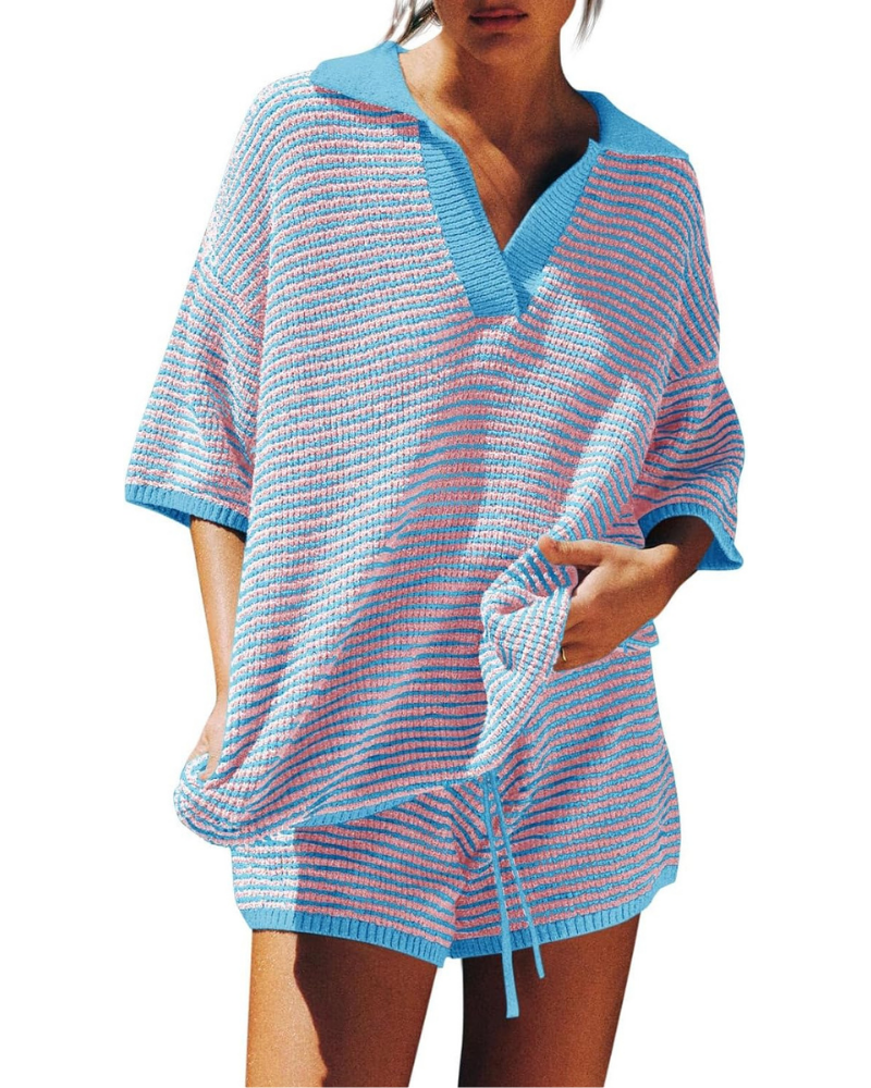 Greer Set Donna in Maglia – Top Oversize a V e Shorts a Vita Alta con Coulisse