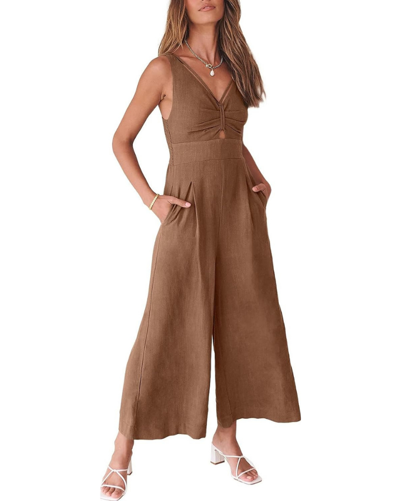 Verity Tuta Donna in Lino – Scollo a V, Cut-Out e Pantaloni a Gamba Larga