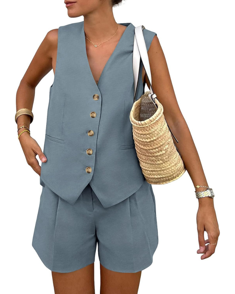 Brielle Set Donna 2 Pezzi – Gilet con Bottoni e Shorts a Vita Alta con Tasche