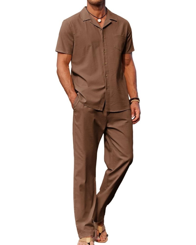 Ensemble Dawson Homme en Lin 2 Pièces – Chemise Cubaine et Pantalon Large avec Cordon de Serrage