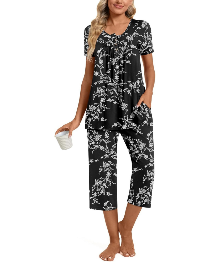 Morgan Pigiama Donna 2 Pezzi – Top Henley e Pantaloni Capri con Tasche, Taglie Comode