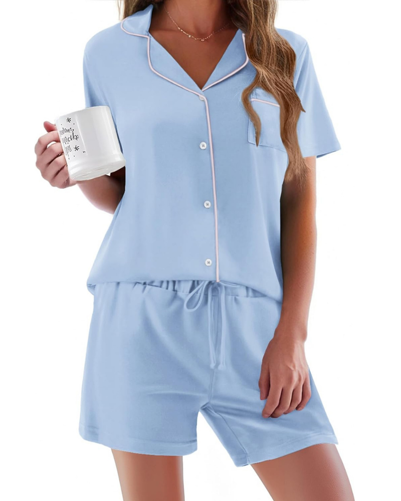 Madison Pigiama Donna – Set 2 Pezzi con Maniche Corte, Abbottonatura e Shorts Morbidi