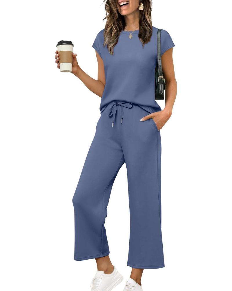 Reagan Set Donna 2 Pezzi – Top con Maniche Corte e Pantaloni Crop a Gamba Larga