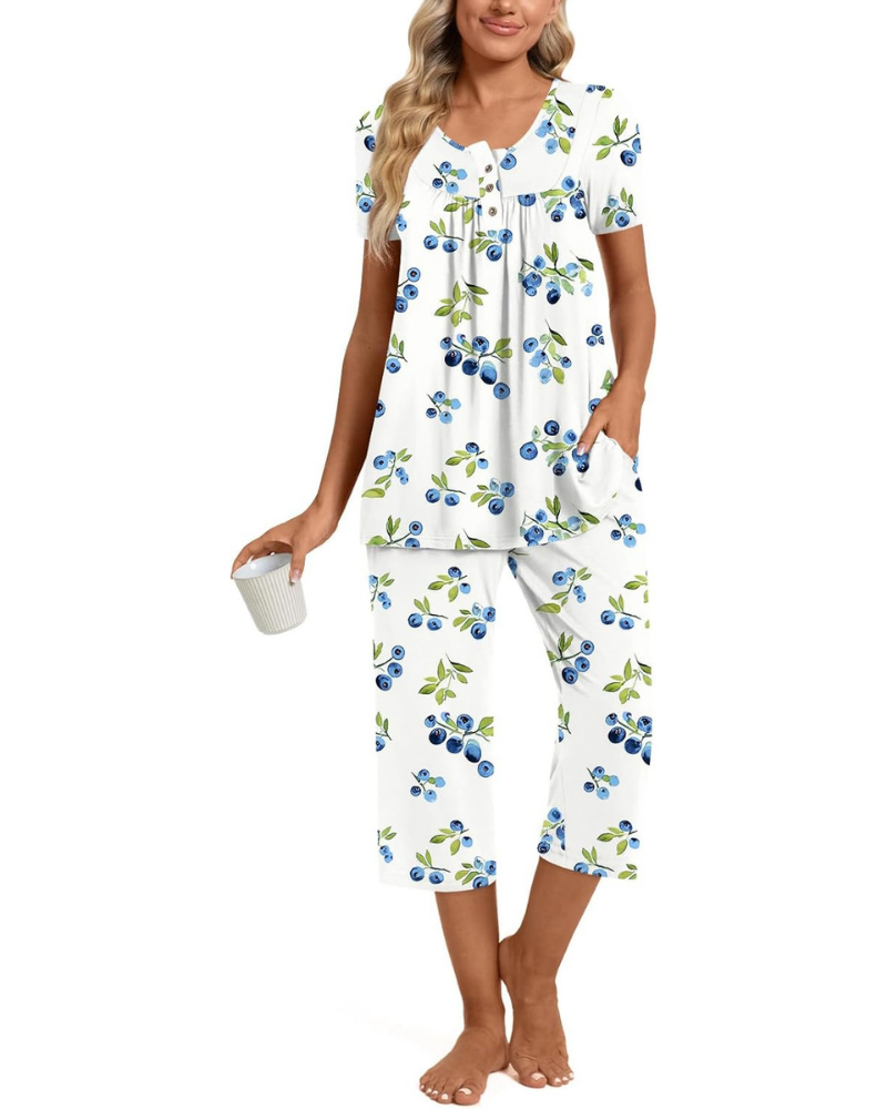 Morgan Pigiama Donna 2 Pezzi – Top Henley e Pantaloni Capri con Tasche, Taglie Comode
