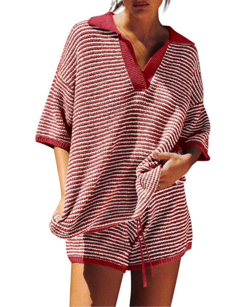 Greer Set Donna in Maglia – Top Oversize a V e Shorts a Vita Alta con Coulisse