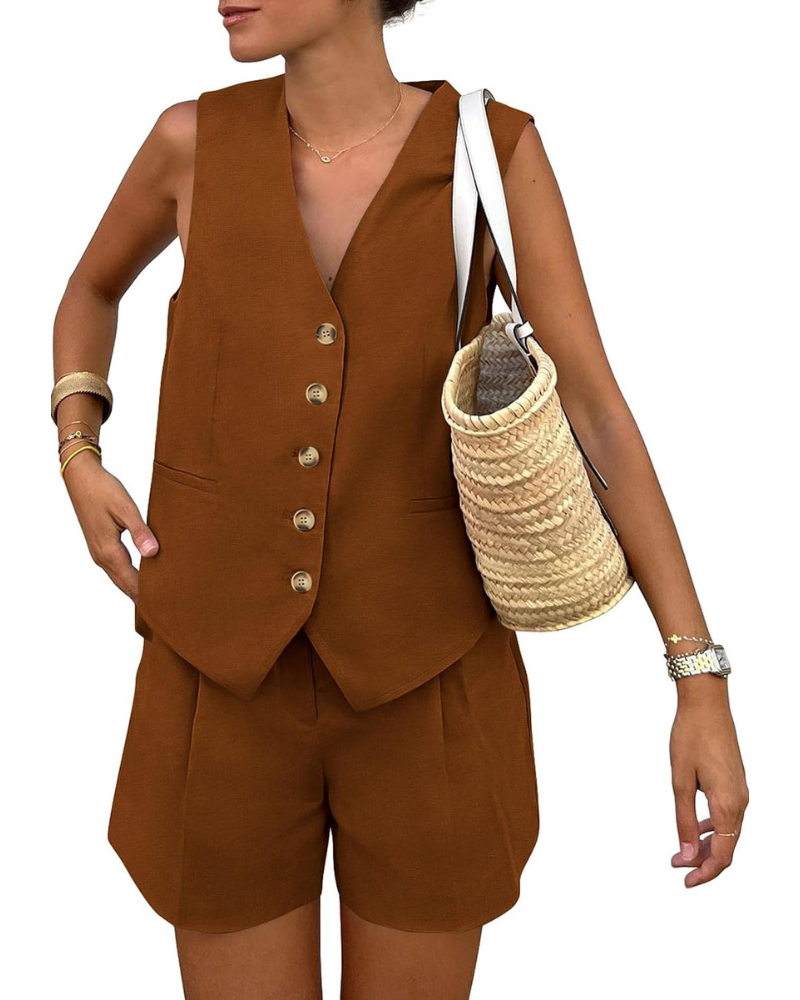Brielle Set Donna 2 Pezzi – Gilet con Bottoni e Shorts a Vita Alta con Tasche