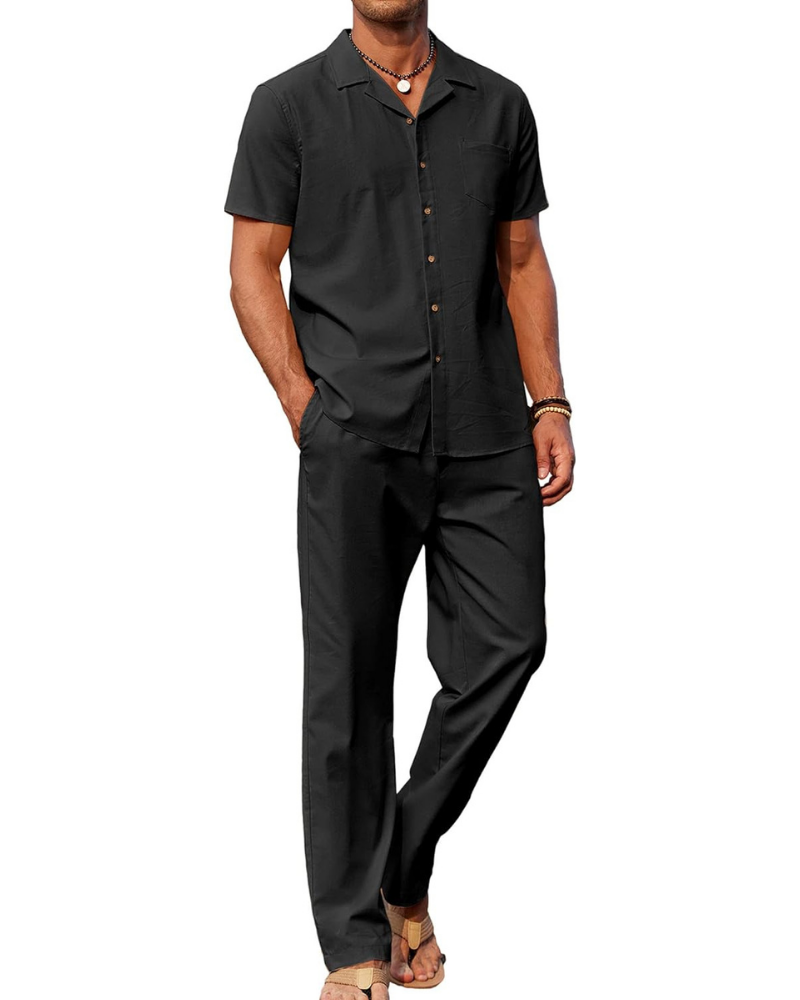 Ensemble Dawson Homme en Lin 2 Pièces – Chemise Cubaine et Pantalon Large avec Cordon de Serrage