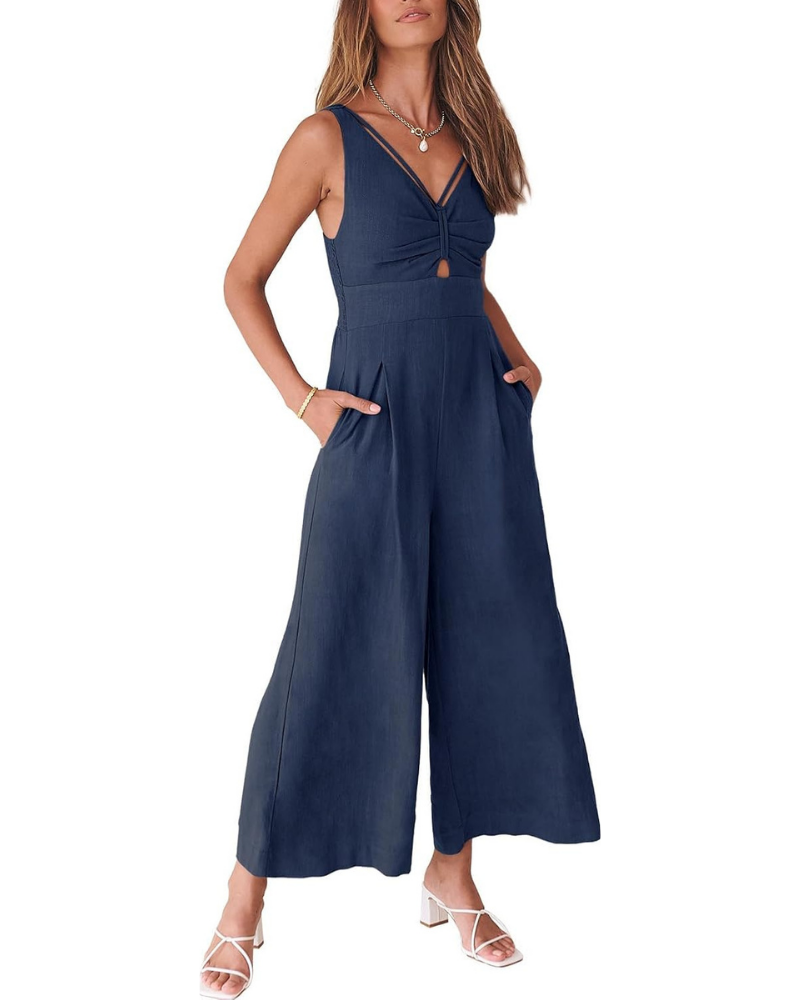 Verity Tuta Donna in Lino – Scollo a V, Cut-Out e Pantaloni a Gamba Larga