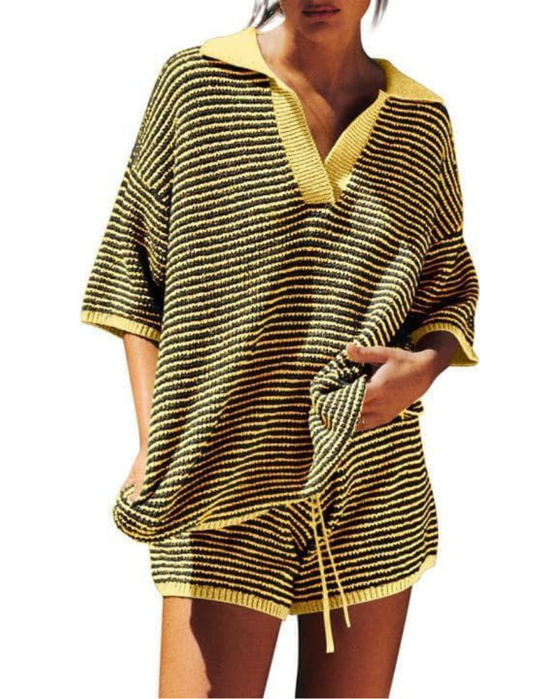 Greer Set Donna in Maglia – Top Oversize a V e Shorts a Vita Alta con Coulisse