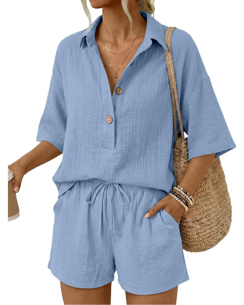 Sydney Set Donna in Cotone – Completo 2 Pezzi con Camicia Oversize e Shorts con Tasche