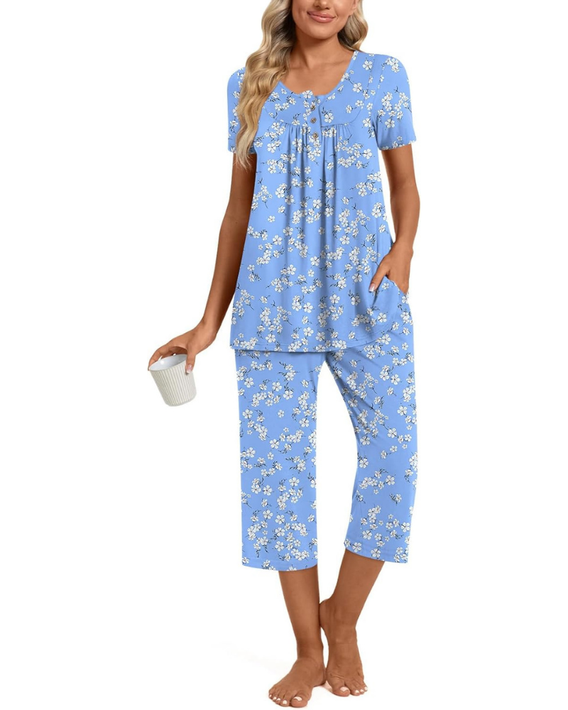 Morgan Pigiama Donna 2 Pezzi – Top Henley e Pantaloni Capri con Tasche, Taglie Comode
