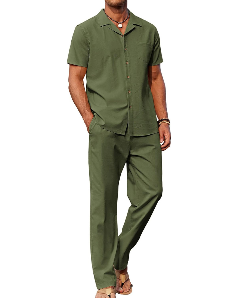 Ensemble Dawson Homme en Lin 2 Pièces – Chemise Cubaine et Pantalon Large avec Cordon de Serrage