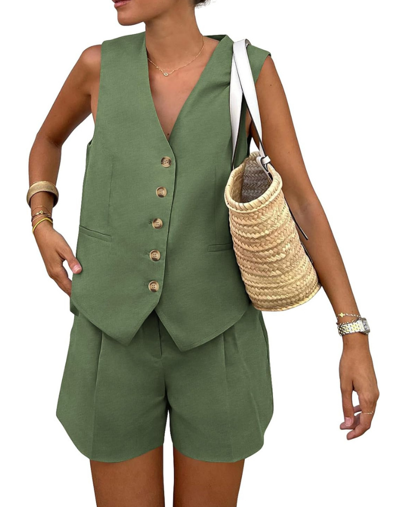 Brielle Set Donna 2 Pezzi – Gilet con Bottoni e Shorts a Vita Alta con Tasche