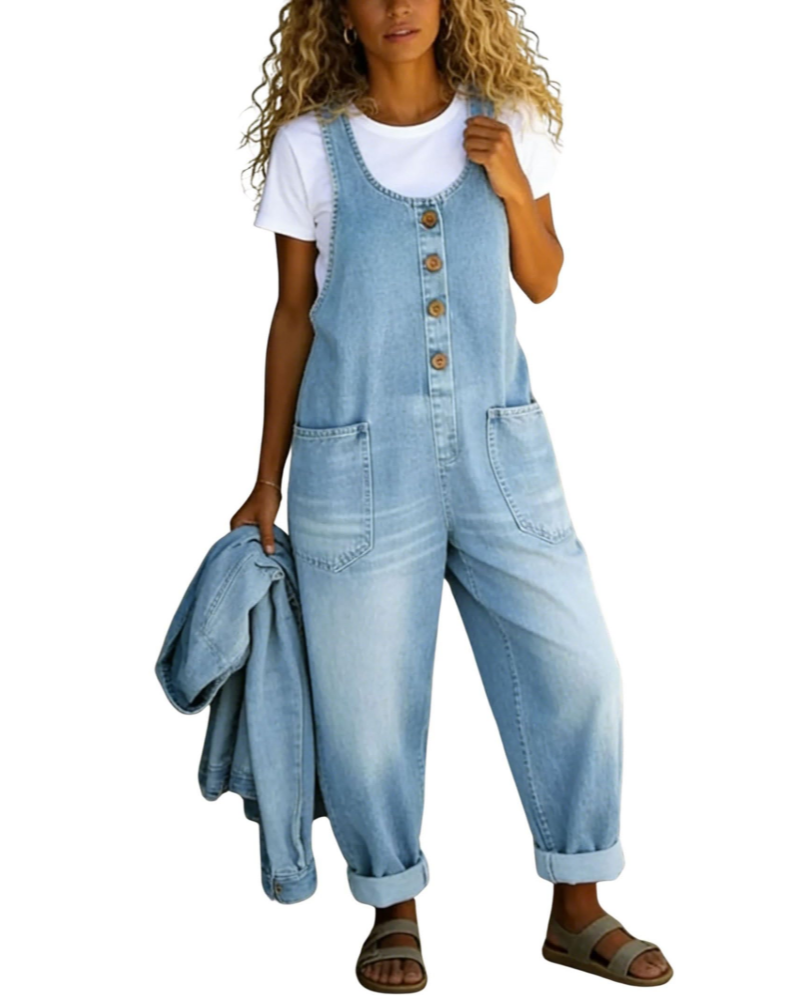 Bexley Salopette Donna in Denim – Vestibilità Baggy, Gamba Larga e Tasche