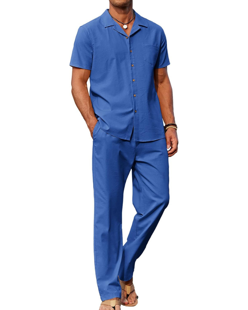 Ensemble Dawson Homme en Lin 2 Pièces – Chemise Cubaine et Pantalon Large avec Cordon de Serrage