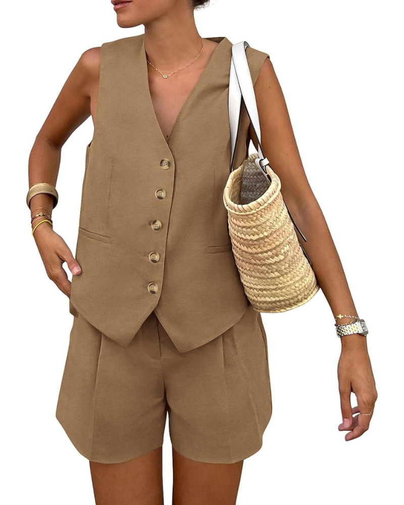 Brielle Set Donna 2 Pezzi – Gilet con Bottoni e Shorts a Vita Alta con Tasche