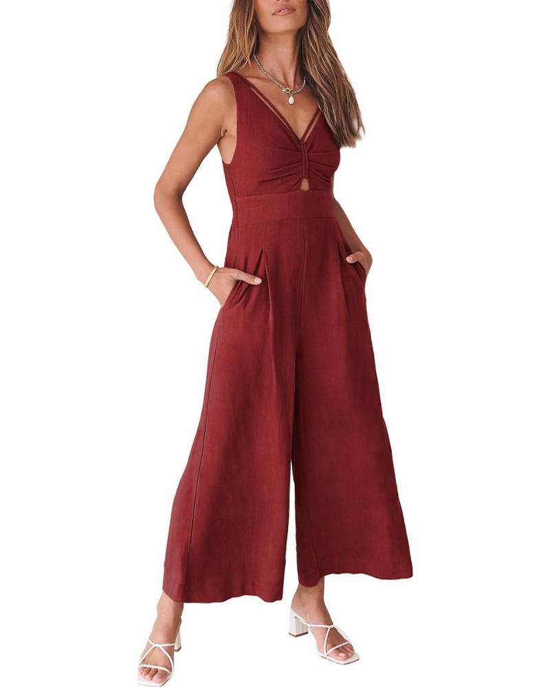 Verity Tuta Donna in Lino – Scollo a V, Cut-Out e Pantaloni a Gamba Larga