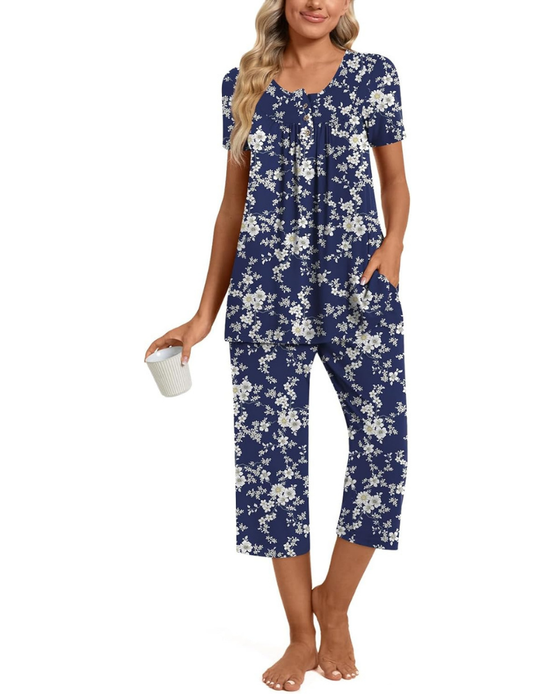 Morgan Pigiama Donna 2 Pezzi – Top Henley e Pantaloni Capri con Tasche, Taglie Comode