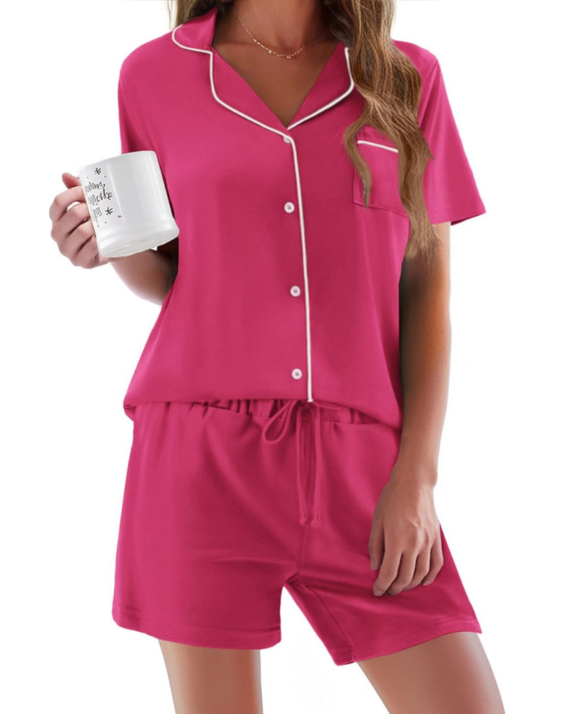 Madison Pigiama Donna – Set 2 Pezzi con Maniche Corte, Abbottonatura e Shorts Morbidi
