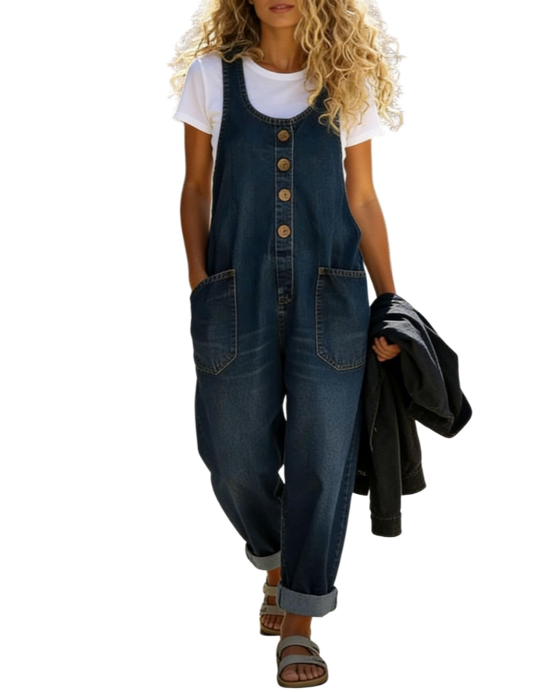 Bexley Salopette Donna in Denim – Vestibilità Baggy, Gamba Larga e Tasche