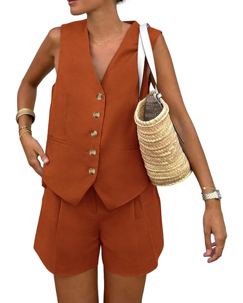 Brielle Set Donna 2 Pezzi – Gilet con Bottoni e Shorts a Vita Alta con Tasche