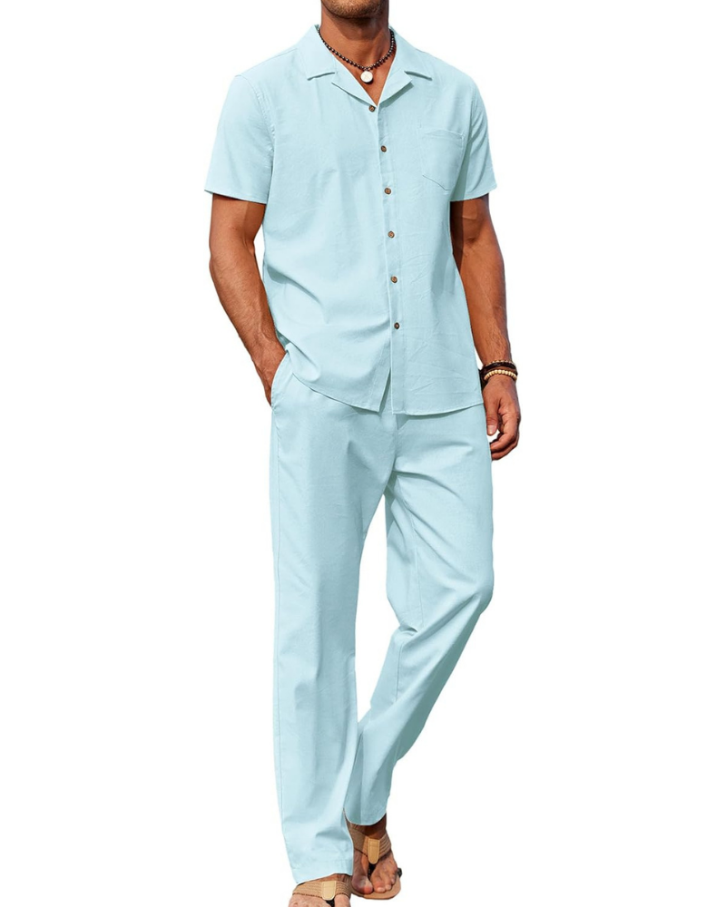 Ensemble Dawson Homme en Lin 2 Pièces – Chemise Cubaine et Pantalon Large avec Cordon de Serrage