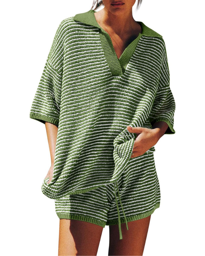 Greer Set Donna in Maglia – Top Oversize a V e Shorts a Vita Alta con Coulisse