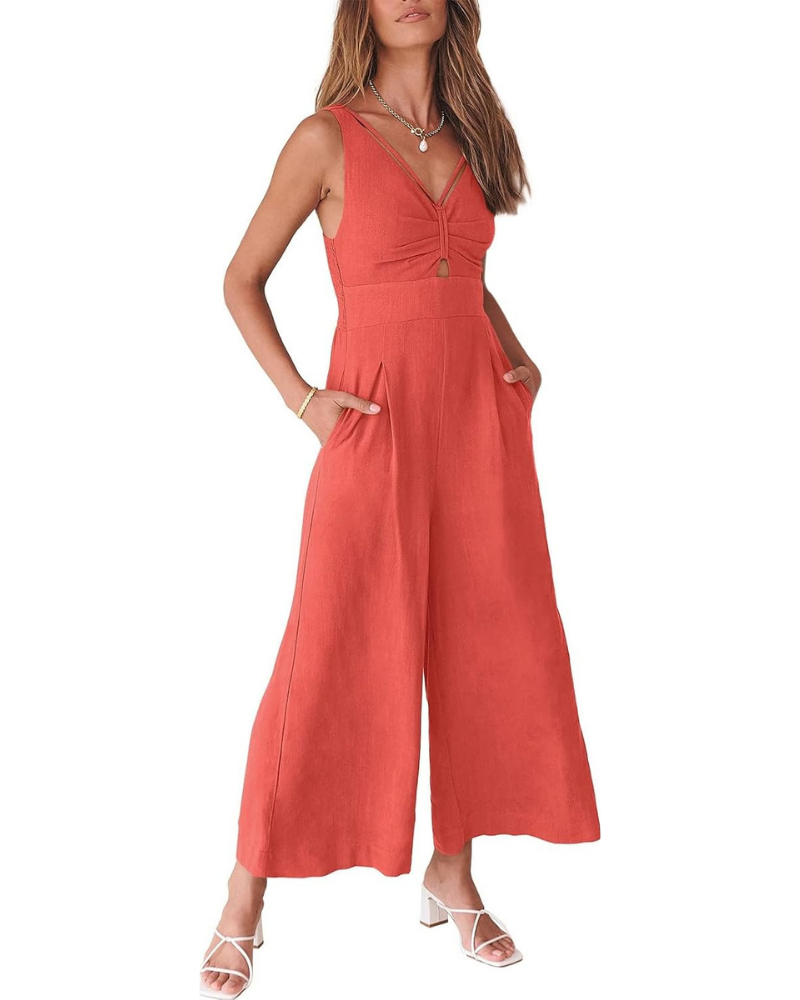 Verity Tuta Donna in Lino – Scollo a V, Cut-Out e Pantaloni a Gamba Larga