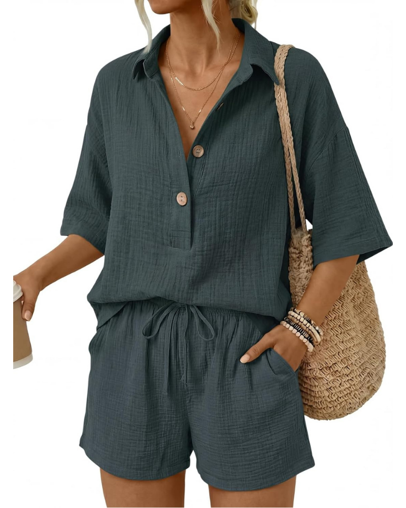 Sydney Set Donna in Cotone – Completo 2 Pezzi con Camicia Oversize e Shorts con Tasche
