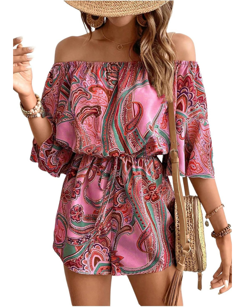 Clementine Pagliaccetto Donna Boho – Spalle Scoperte, Stampa Paisley e Vita Alta