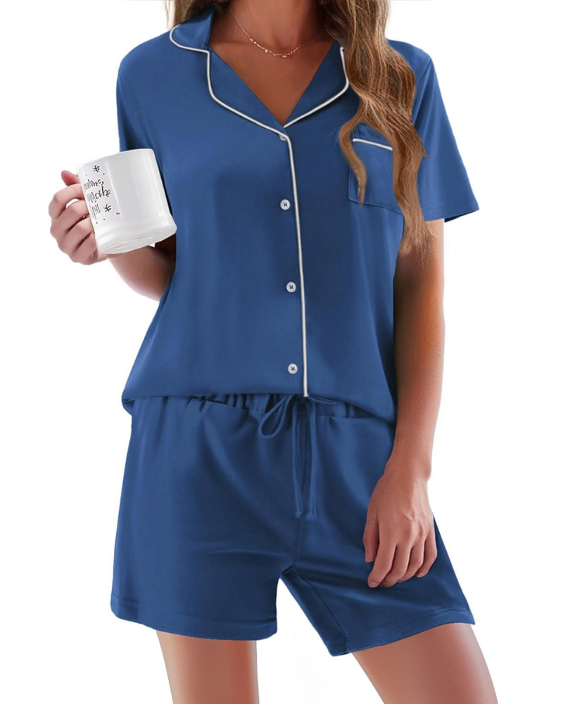 Madison Pigiama Donna – Set 2 Pezzi con Maniche Corte, Abbottonatura e Shorts Morbidi