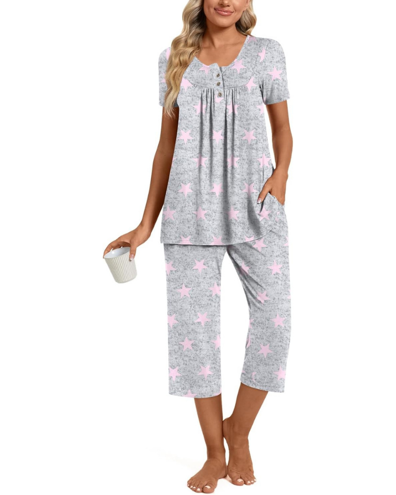 Morgan Pigiama Donna 2 Pezzi – Top Henley e Pantaloni Capri con Tasche, Taglie Comode