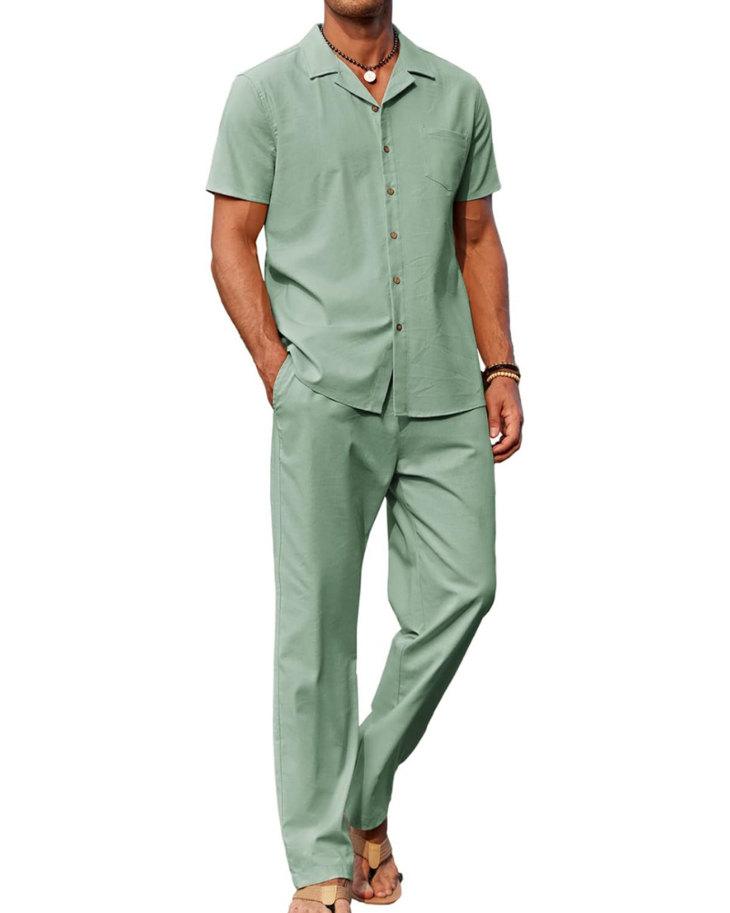 Ensemble Dawson Homme en Lin 2 Pièces – Chemise Cubaine et Pantalon Large avec Cordon de Serrage