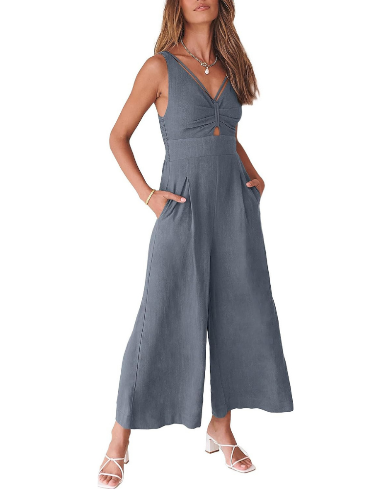 Verity Tuta Donna in Lino – Scollo a V, Cut-Out e Pantaloni a Gamba Larga