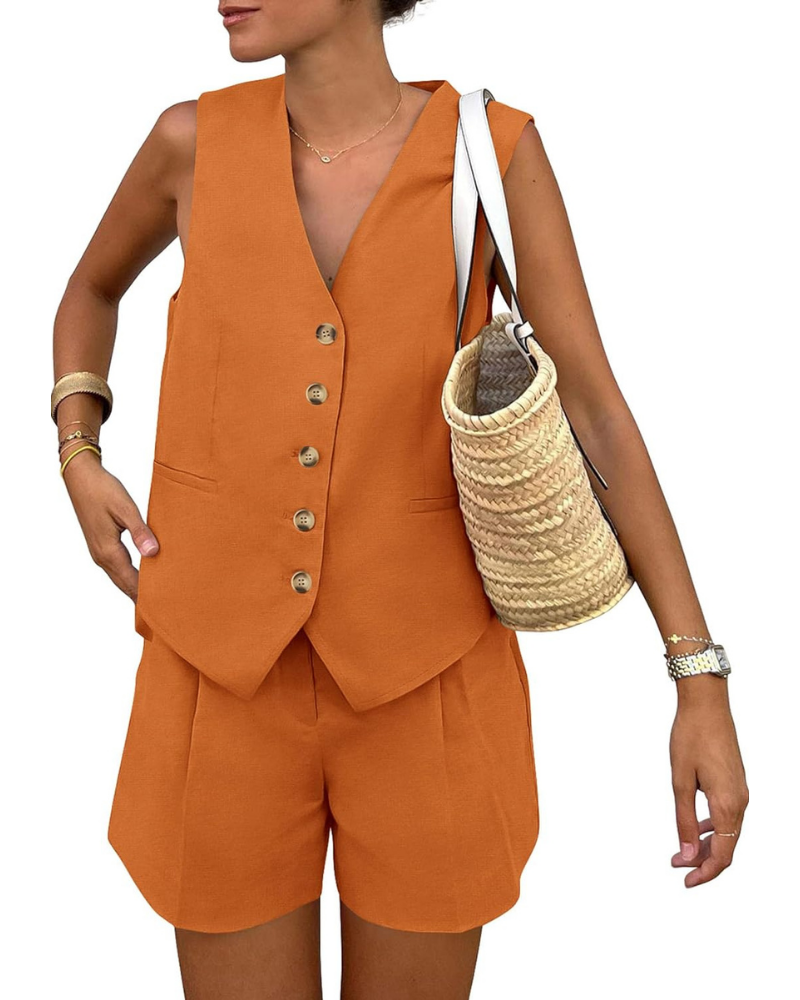 Brielle Set Donna 2 Pezzi – Gilet con Bottoni e Shorts a Vita Alta con Tasche