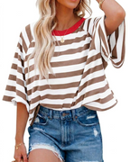 Camiseta Mila para mujer – Top oversize a rayas con cuello redondo y mangas cortas