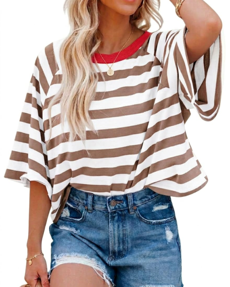 Camiseta Mila para mujer – Top oversize a rayas con cuello redondo y mangas cortas