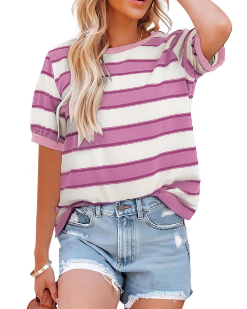 Natalie T-Shirt Donna – Top a Righe con Girocollo, Contrasto Colore & Tessuto Morbido