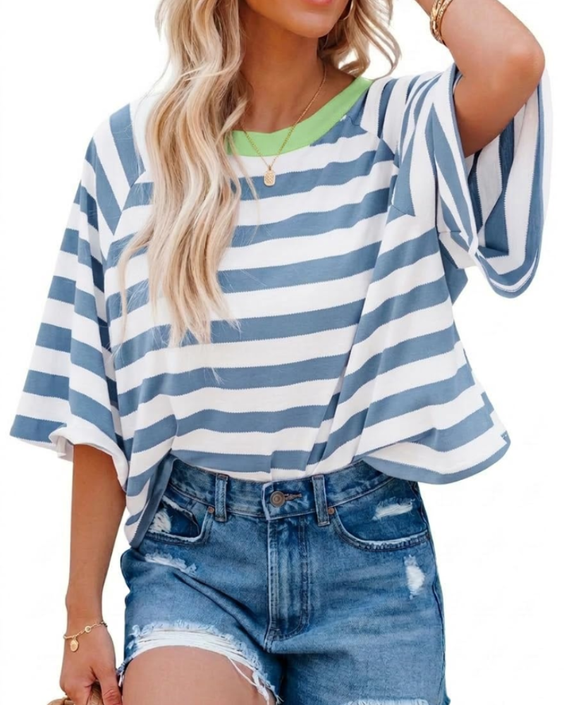 Camiseta Mila para mujer – Top oversize a rayas con cuello redondo y mangas cortas
