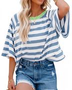 Camiseta Mila para mujer – Top oversize a rayas con cuello redondo y mangas cortas