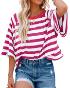 Camiseta Mila para mujer – Top oversize a rayas con cuello redondo y mangas cortas