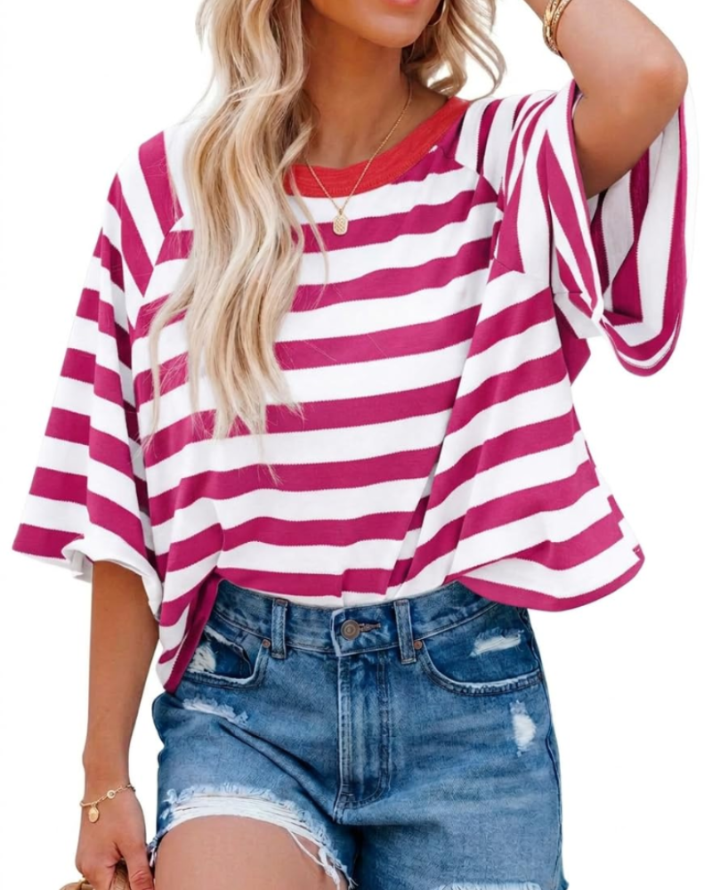 Camiseta Mila para mujer – Top oversize a rayas con cuello redondo y mangas cortas