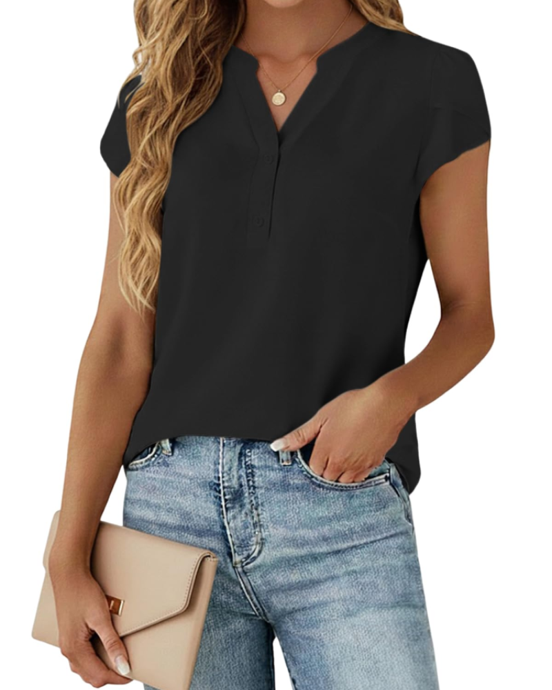 Gabriella Blusa para mujer – Top de gasa con escote en V, botones y mangas abullonadas