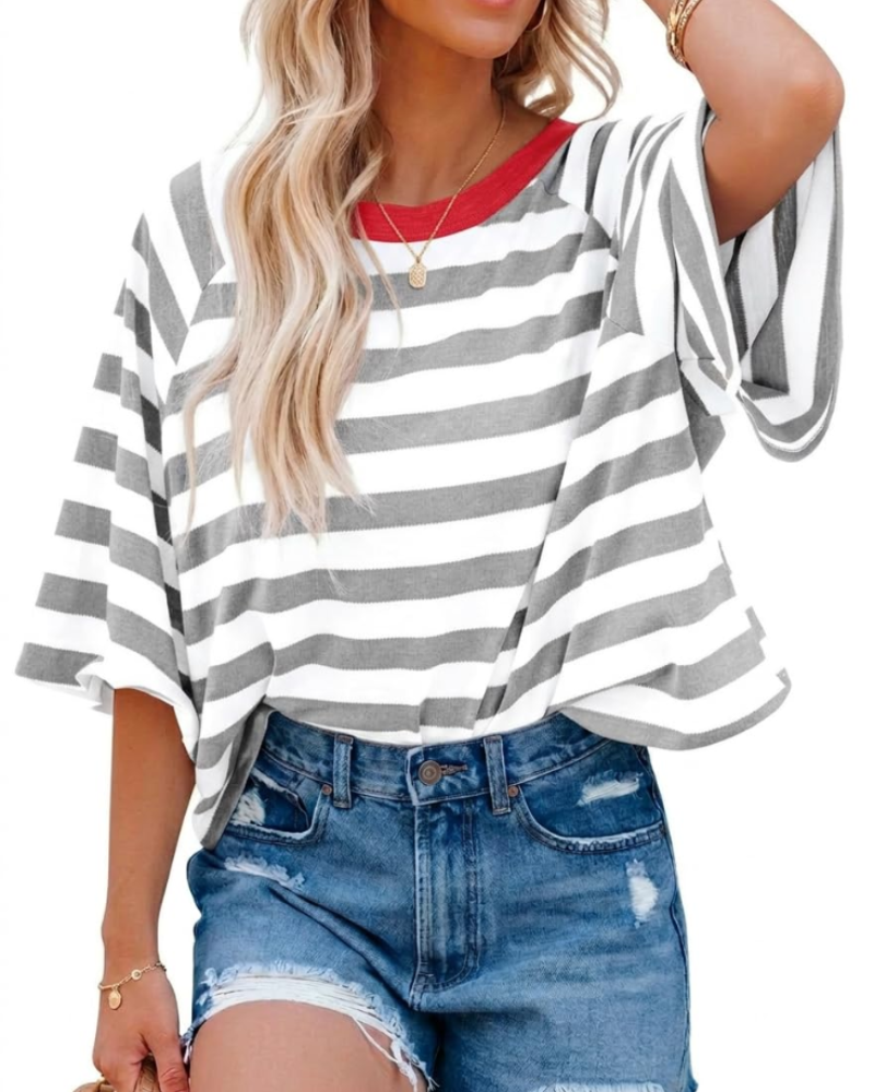 Camiseta Mila para mujer – Top oversize a rayas con cuello redondo y mangas cortas